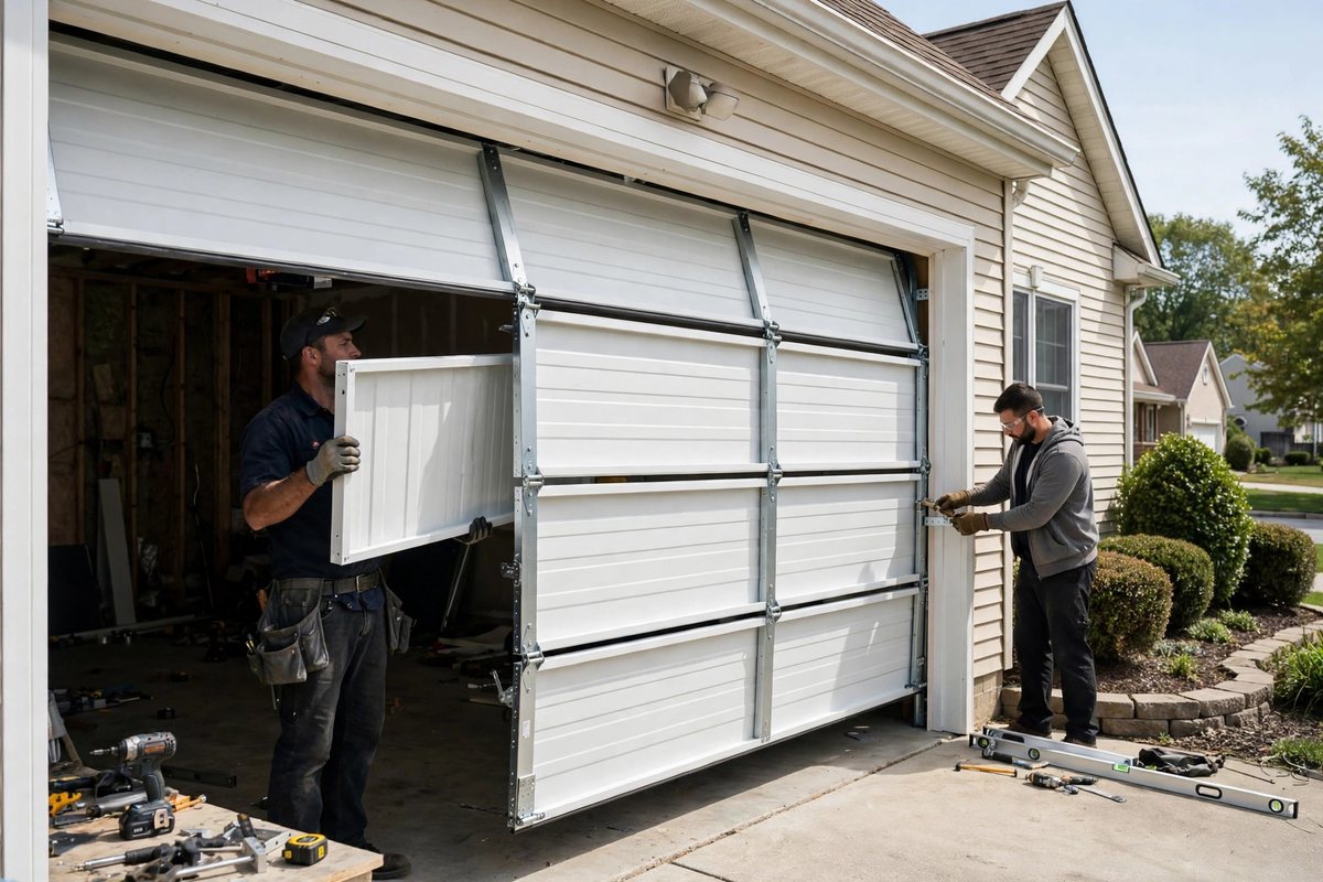 Two installers fitting a brand-new white steel sectional garage door onto a suburban New Jersey home