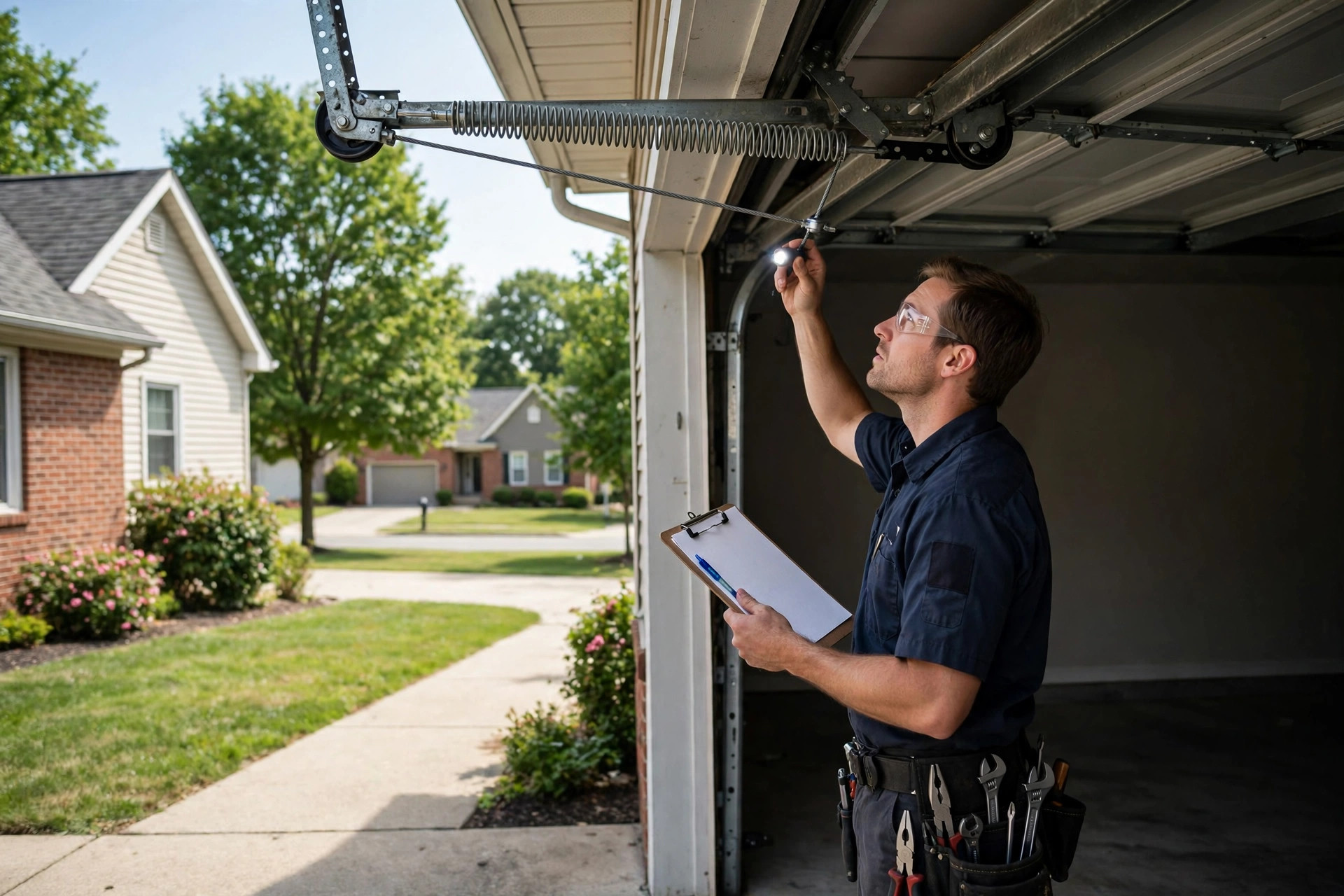Garage Doc NJ technician inspecting a garage door spring and cable system while preparing a repair estimate