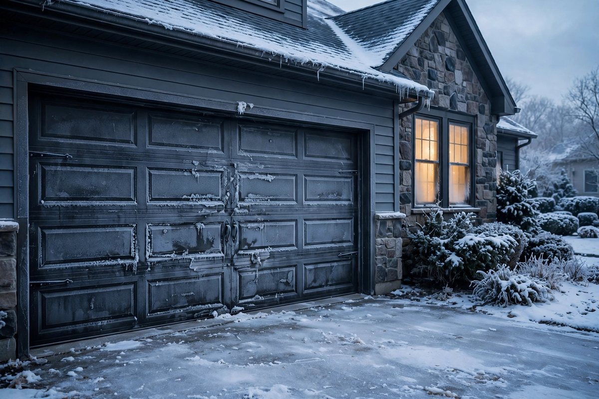 Closed insulated carriage-style garage door on a suburban New Jersey home on a snowy winter morning