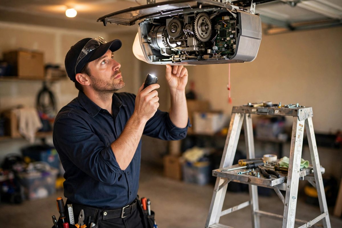 Garage door technician inspecting a ceiling-mounted opener motor unit with the cover partially removed